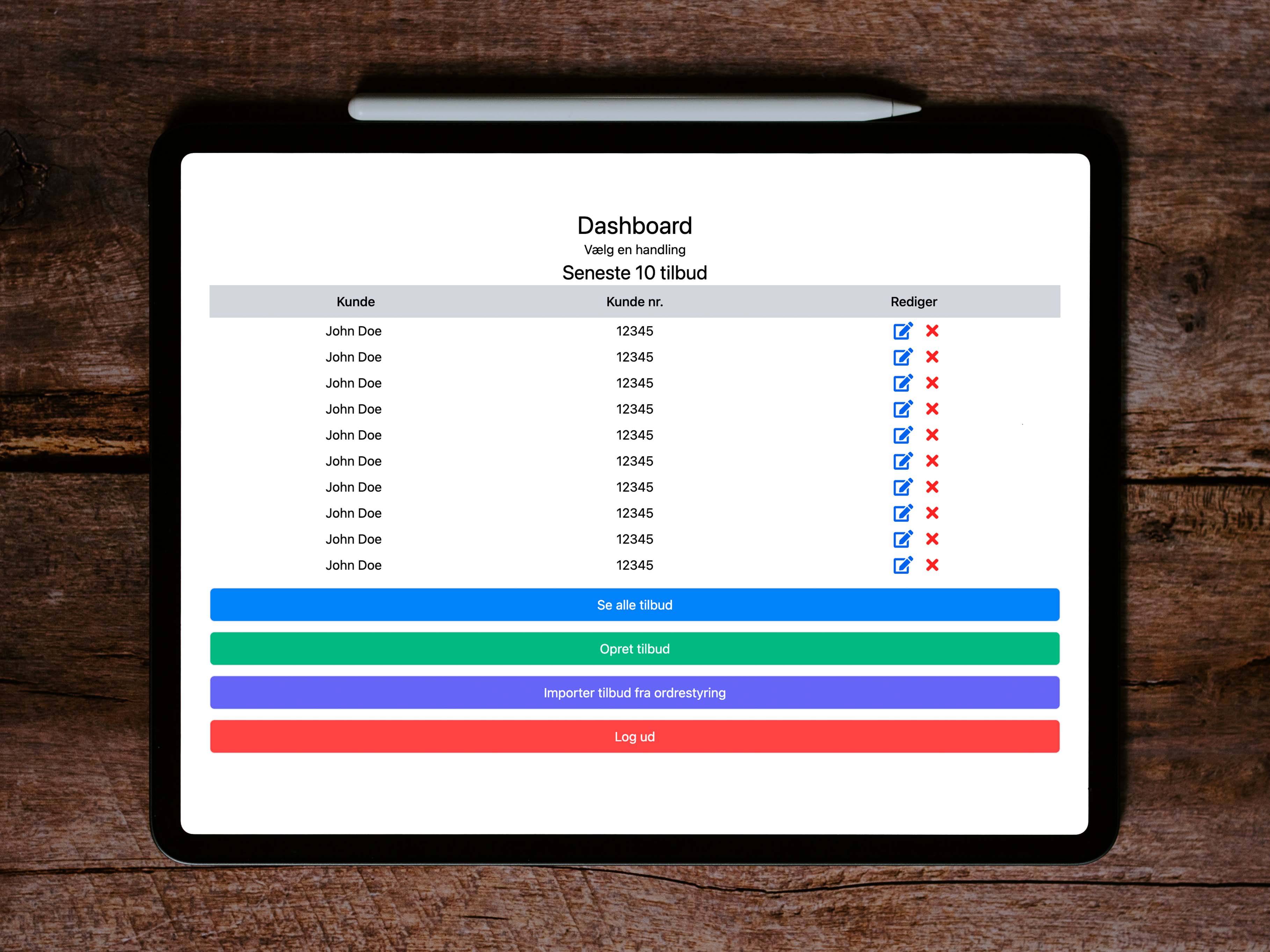 Arkitex tilbudssystem dashboard